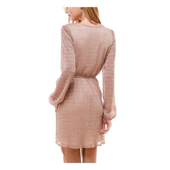 EMERALD SUNDAE Womens Long Sleeve Surplice Neckline Mini Party A-Line Dress - Picture 2 of 4